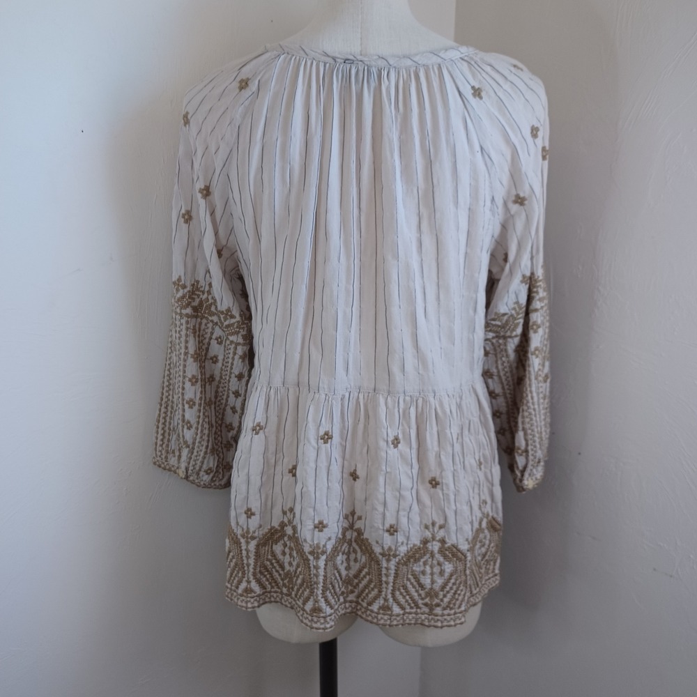 Johnny Was Workshop Embroidered Pinstripe Peasant Blouse Cream Tan Sz L - Picture 4 of 12
